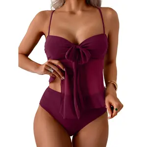 Women's Tankini Swimsuit Set, Tummy Control Flowy Mesh Top with High Waisted Bottom, 2 Piece Coquette Bathing Suit