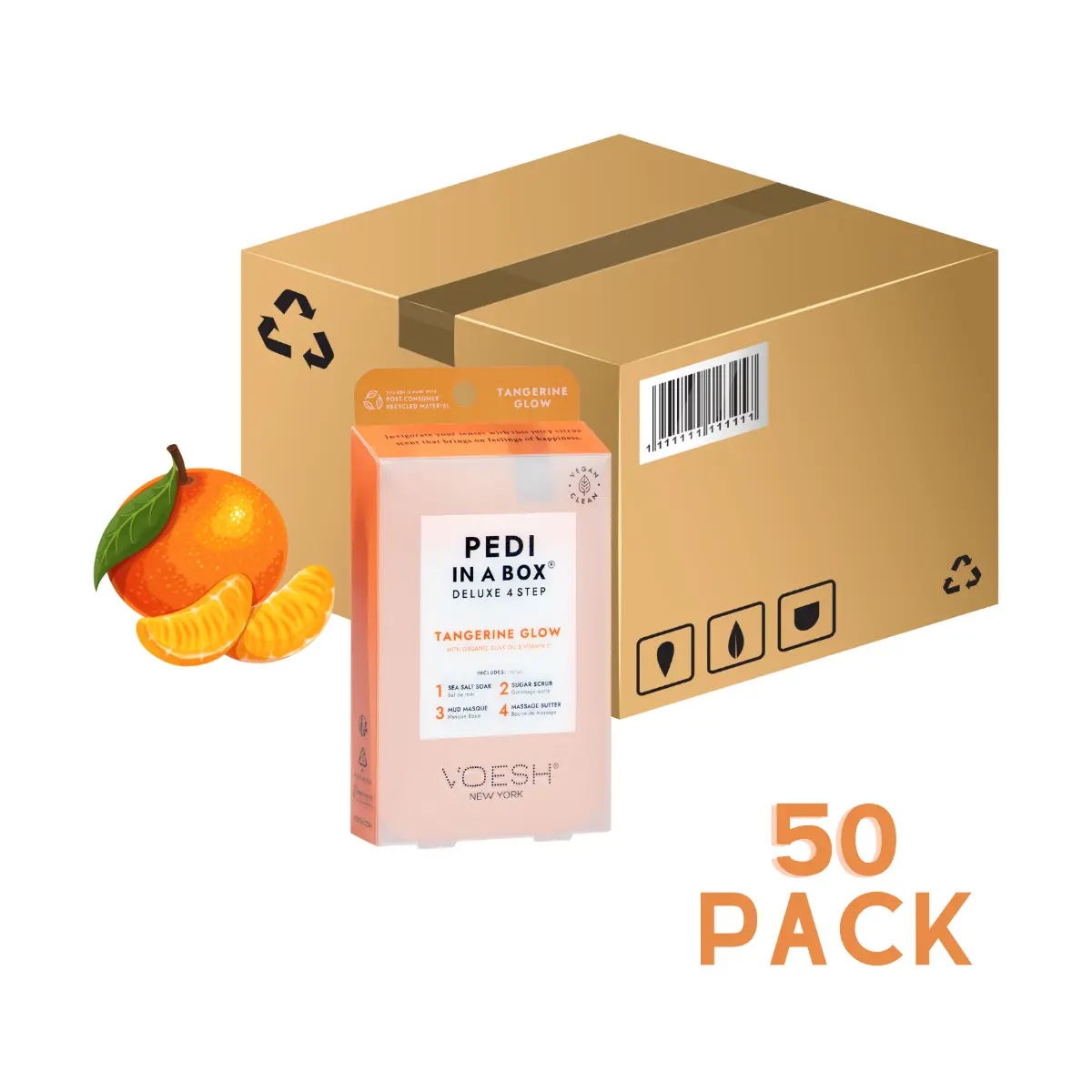 Voesh Organic Nourishing Scent Tangerine Glow 4-Step Pedi In A Box Kit, 50pc Case, Netflix, Foot Treatment