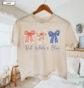 Preppy Coquette Red White Blue Bow Comfort Colors Boxy Tee, Floral Patriotic Graphic Tee, 250 Years Shirt, 4th of July Unisex Tee