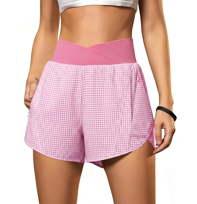 Blooming Jelly Women's Workout Shorts Athletic Running Shorts Crossover High Waisted Gym Shorts with Zipper Pockets