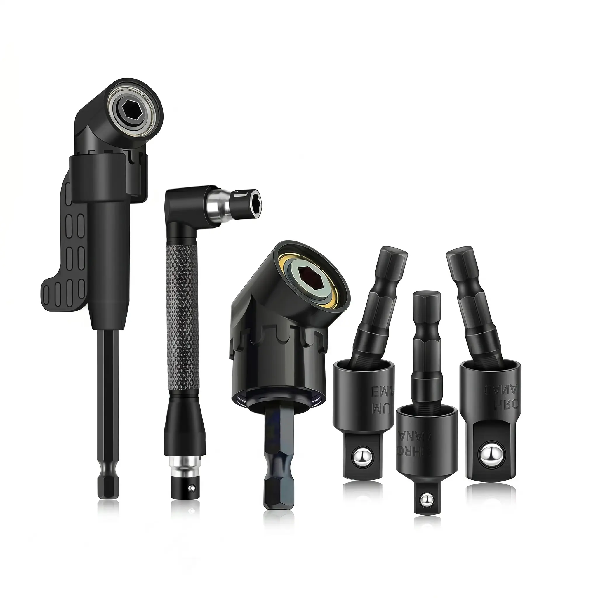 6Pcs Right-Angle Drill Bit Accessory Set, Drill Attachment, Including 3x 360° Rotatable 1/4", 3/8" & 1/2" Impact-Grade Socket Adapters, 2x 105° Hex Shank Angle Adapters & 90° Right-Angle Drill Bit, Heavy-Duty Tool Kit