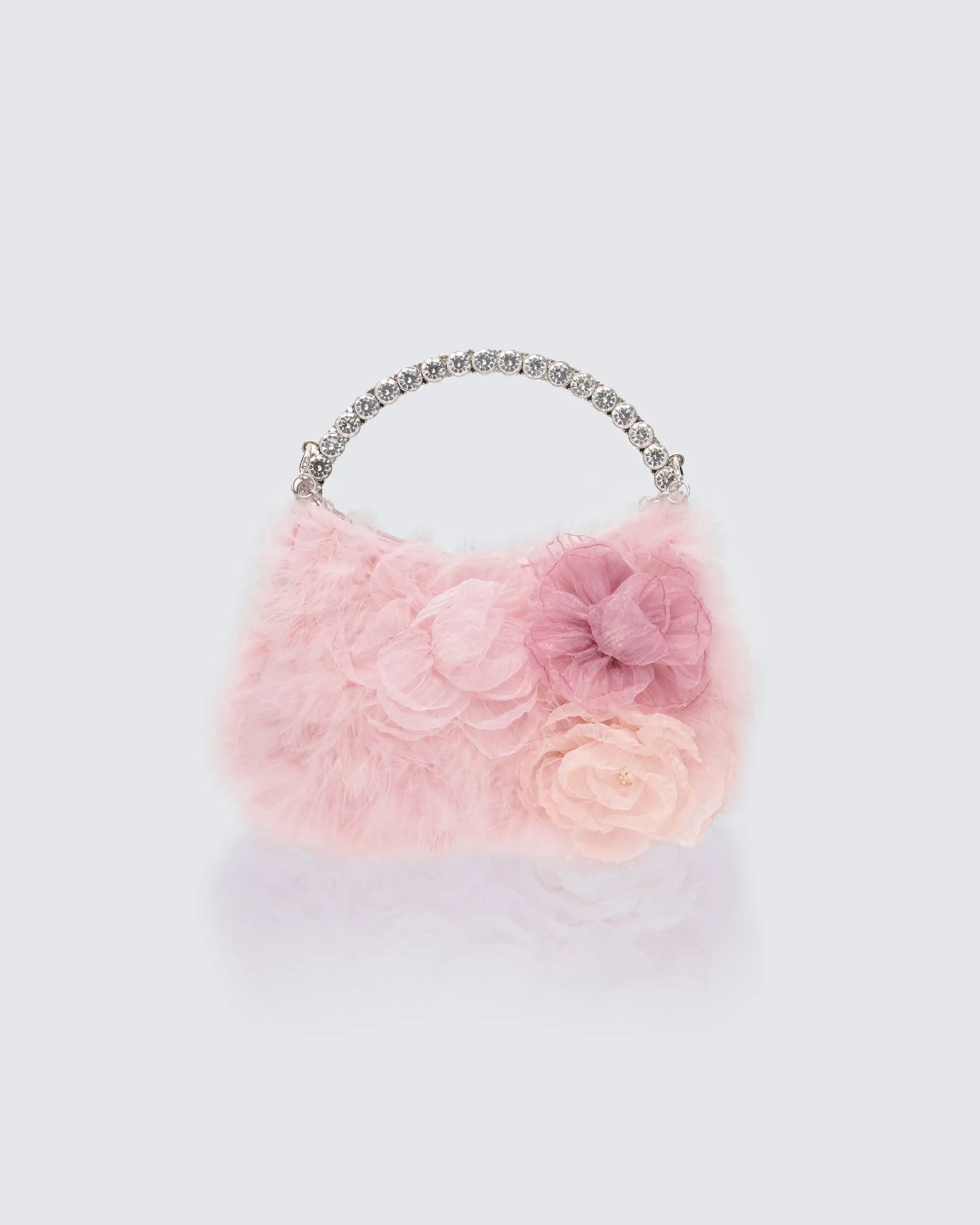 Women's Feather Mini Clutch Bag, Pink Feminine Aesthetic Purse with Crystal Curved Top Handle and Plush Flower Accents