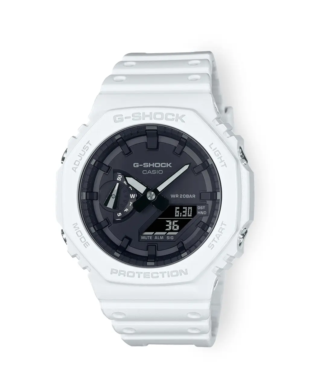 Casio G-Shock GA2100-7A White Resin Band Carbon Fiber Case 200M Water Resistant LED Light Classic Octagon Design Digital Watch