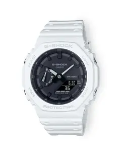 Casio G-Shock GA2100-7A White Resin Band Carbon Fiber Case 200M Water Resistant LED Light Classic Octagon Design Digital Watch