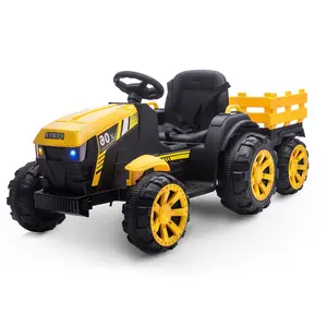 【GARVEE】12V Ride-On Tractor with Trailer and LED Lights, Available in Multiple Colors Including Yellow, Green, Red, Black, and Pink - Ideal for Outdoor Fun and Play