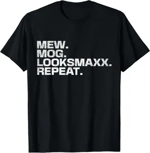 Stupid Funny Saying Meme Mew Mog LooksMaxx Repeat T-Shirt Pure Cotton Graphic Tees Menswear Top: Gifts for Men & Women