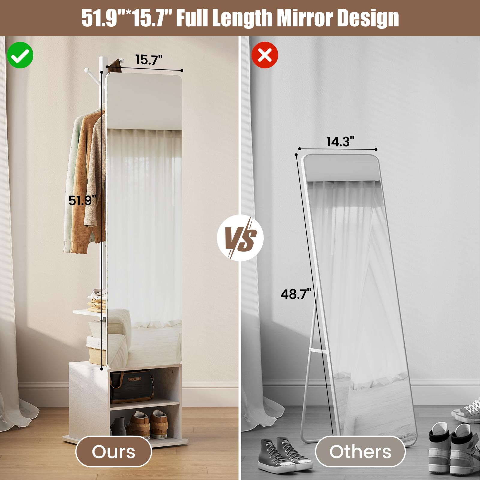 Flycity Solid wood material large mirror with a closet, full-size mirror, full-length mirror with storage rack at the bedside or in the living room (black and white styles can be rotated) Organization Furniture