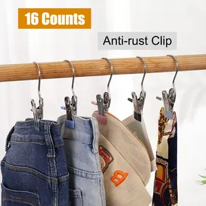 Stainless Steel Hangers for Closet 16 Counts, Boot Clips for Hanging, Space Saving Hanging Rack, Multi Function Hooks Clothes for Home, Travel, Hat & Pants, Socks, Handbags,Convenient for Storage and Organization