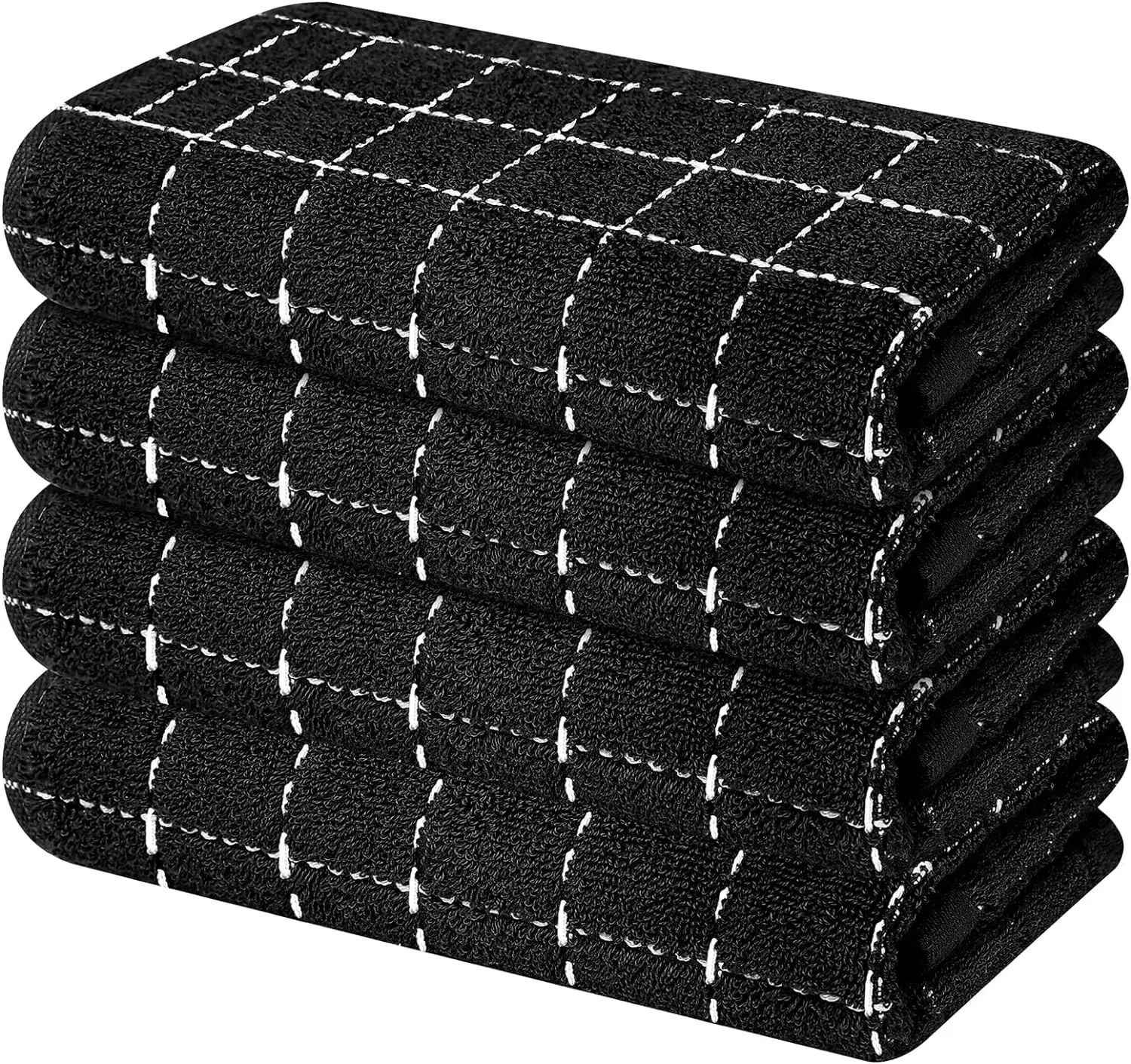 100% Cotton Terry Cloth Kitchen Towels, Super Soft and Absorbent Dish Towels for Drying, Checkered Designed Hand Towels for Kitchen, 16 x 26 Inches, 4 Pack, Black Cleaning