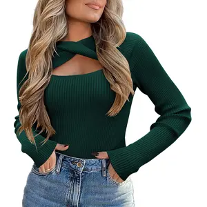 zeagoo Women's Pullover Sweaters Long Sleeve Cutout Knit Lightweight Crew Neck Fall Tops S-XXL Casual Womenswear Sizes run large Thin
