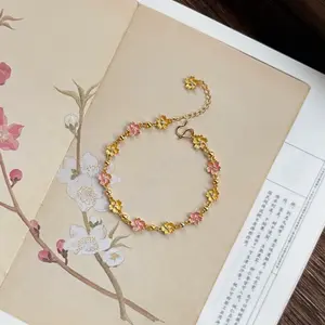 Dainty Gold Flower Bracelet for Women, Pink Enamel Floral Chain Bracelet Adjustable Cute Jewelry Gift