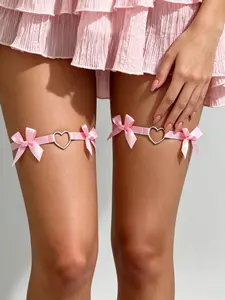 1Pair Black/Red/Pink/White Satin Bow Thigh Garters with Heart Ring, Adjustable Leg Garter Set for Women, Gothic Coquette Aesthetic Accessory