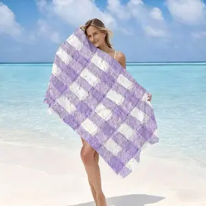 HD Digital Print Purple White Checkered Beach Towel, Quick Dry Absorbent Pool Towel, Lightweight Camping Towel, Soft Bath Towel Blanket for Beach Swimming Pool Camping Picnic, Coquette Cottagecore Style