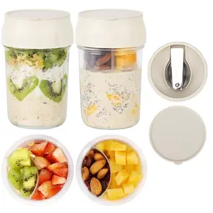 2 Pcs Overnight Oatmeal Jars, Folding Spoon, and Fruit/Nut Divider, 16-Ounce Small Glass Mason Jars for Oatmeal Yogurt Pudding, Kitchen Utensils, Portable, Reusable, Airtight, and Leak-Proof Storage Jars.