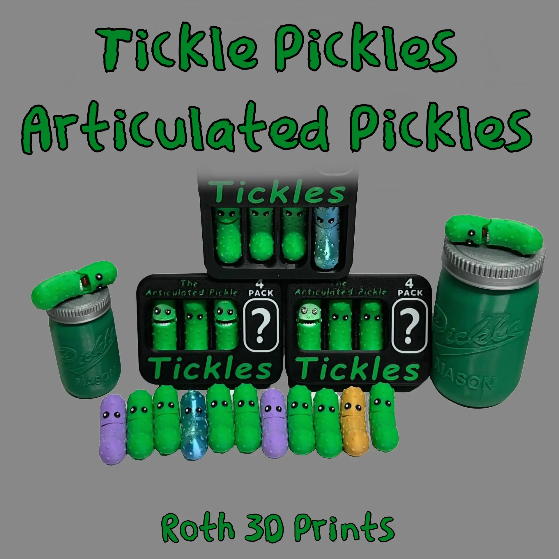 Tickle Pickles - Articulated Pickle Keychains 3D Printed