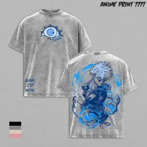 Gojo Satoru “Nah, I’d Win” Tee  JJK Anime Graphic T-Shirt  Vintage Washed Oversized Streetwear  Blue Cursed Energy Design  Jujutsu Kaisen Manga Fan Tee