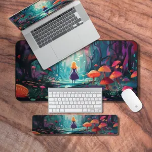 Desk Mat Alice in Wonderland, Mouse Pad Fantasy, Keyboard Wrist Rest, Mushroom Laptop Mat, Giant Deskmat, Cute Desk Decor, Desk Mat Gifts
