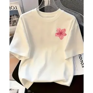 White Pink Floral Print Crew Neck T-Shirt, Casual Short Sleeve Tee for Daily Wear