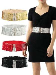 Women's Wide Elastic Waist Belt, Sequin Belt, Multiple Colors Available, Rhinestone Buckle Design, Party Belt, Casual Daily Wear