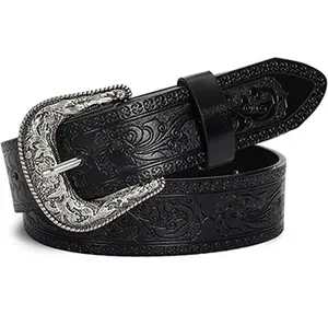Vintage Western-Cowboy-Belt for Women Men - Carved Buckle PU Leather Waist Belts (for Waist 28"-38")