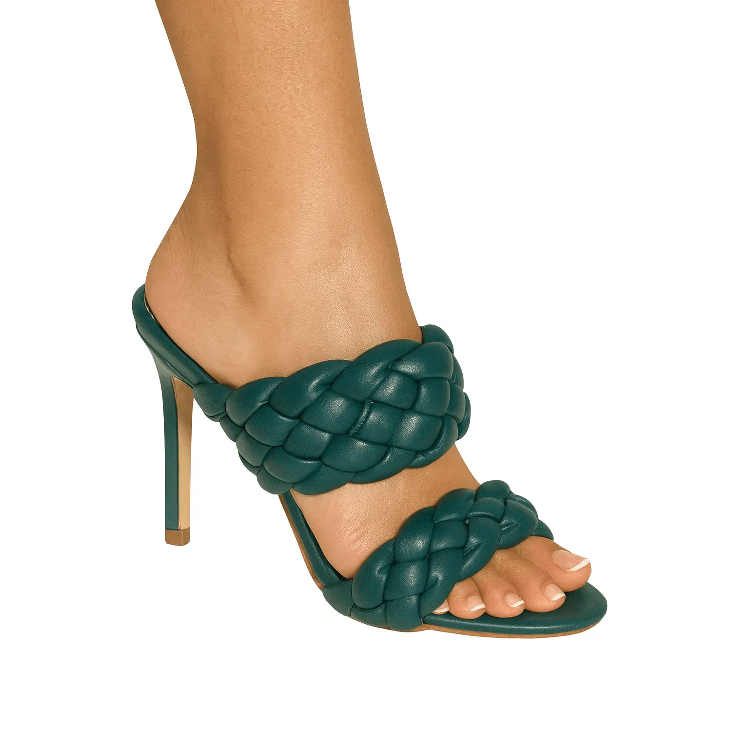 Women's Emerald Green Braided Strap Design Mule Sandals - 4-in Stiletto Heel, Open Toe, Double-Strap Slip-On, Comfortable Evening Summer Shoe