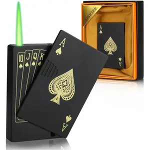 Jet Torch Lighter, Green Flame Ace Card Poker Design Lighter, Metal Windproof Refillable Butane Lighter, Cool Gadget for Indoor, Outdoor, Camping, BBQ & Candles, Novelty Gift for Men Women (Gas Not Included)