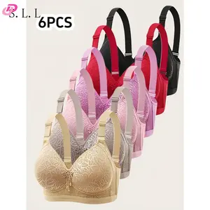 TCKKB-6pcs Women'S Lace Bra Set, Wireless Nylon Floral Push-Up with Adjustable Straps and Non-Removable Pads, Comfortable Casual Style for Everyday Wear