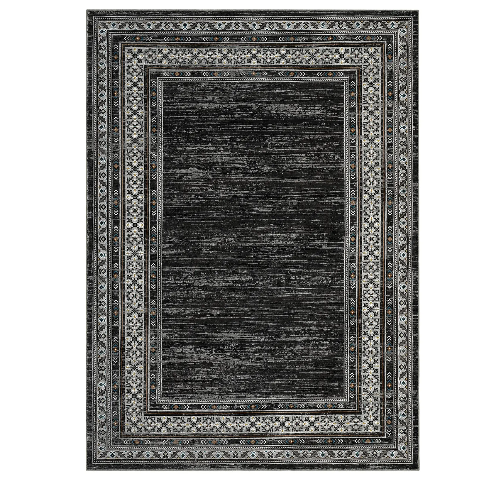 9x12 ft Polyester Black Rectangular Low Pile Home Decor Rug, Modern Geometric Bordered, Stain Resistant, Machine Washable for Living Room, Bedroom, Home Decor Rugs, Stain Resistant Rug