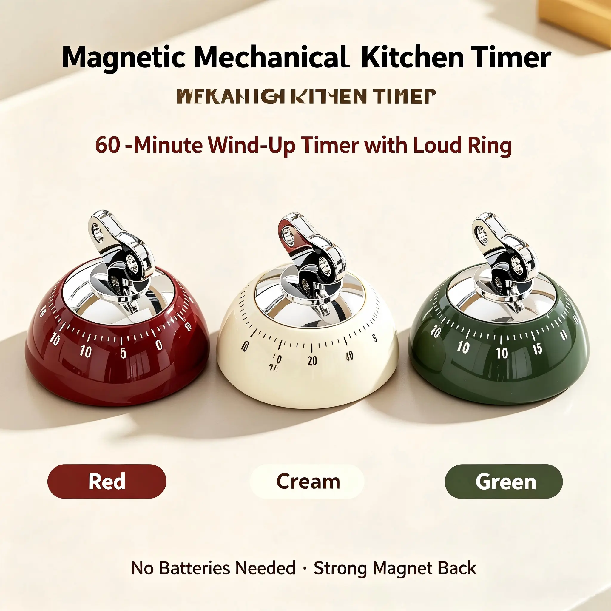 Decorative Fridge Magnet Mechanical Kitchen Timer, 60 Min Wind‑Up Countdown Timer, No Battery, Loud Bell Alarm for Cooking