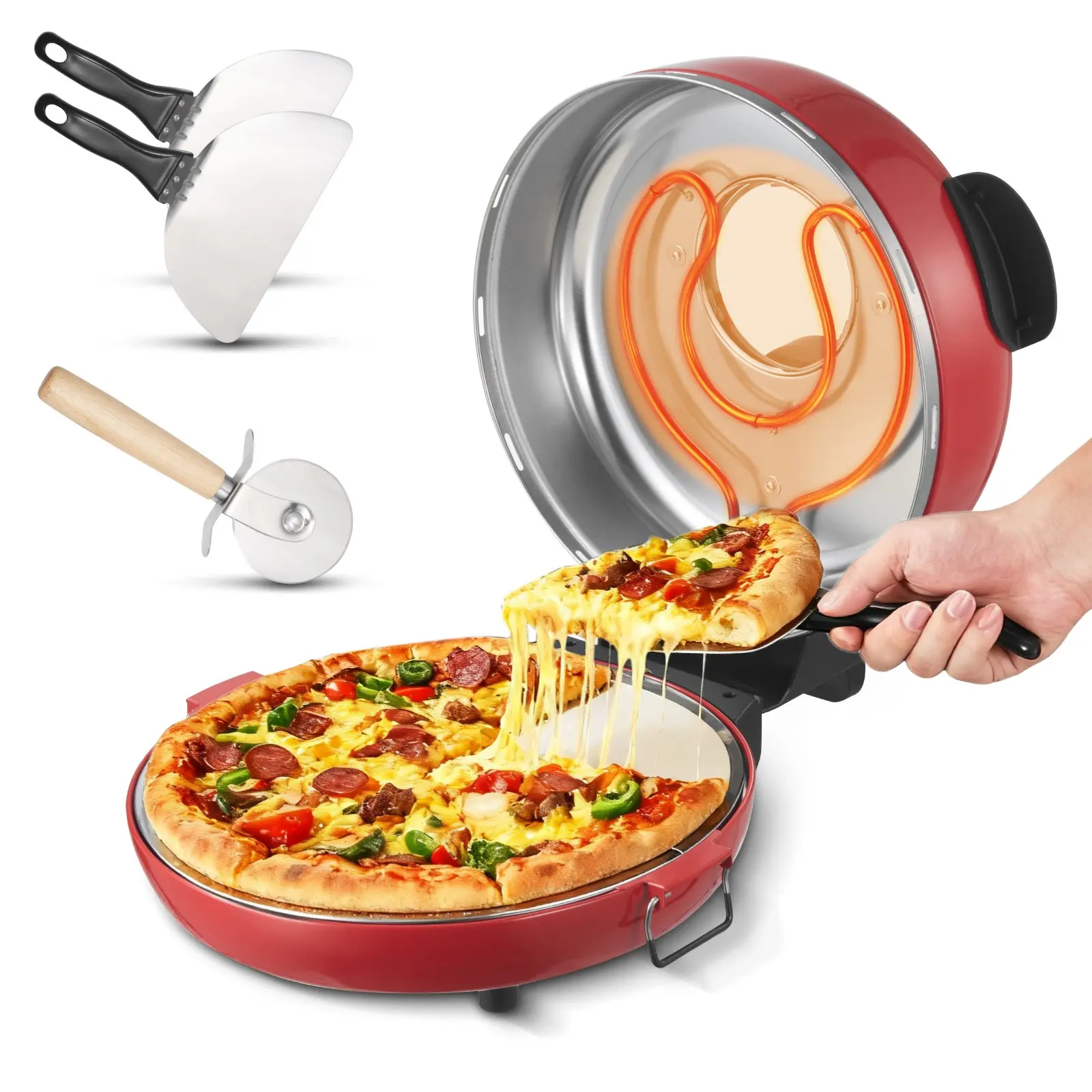 【Summerfinds】VEVOR 14 in Electric Pizza Oven, 1600W Fast Bake Pizza Stone Maker, Round Cordierite Stone, 5-Mode Temperature Control, Viewing Window, Heats Up to 698°F, for Home Kitchen Use, Round Stone