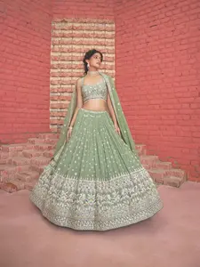 Rouhi Sage green sequins georgette 3-piece set Lehenga Choli