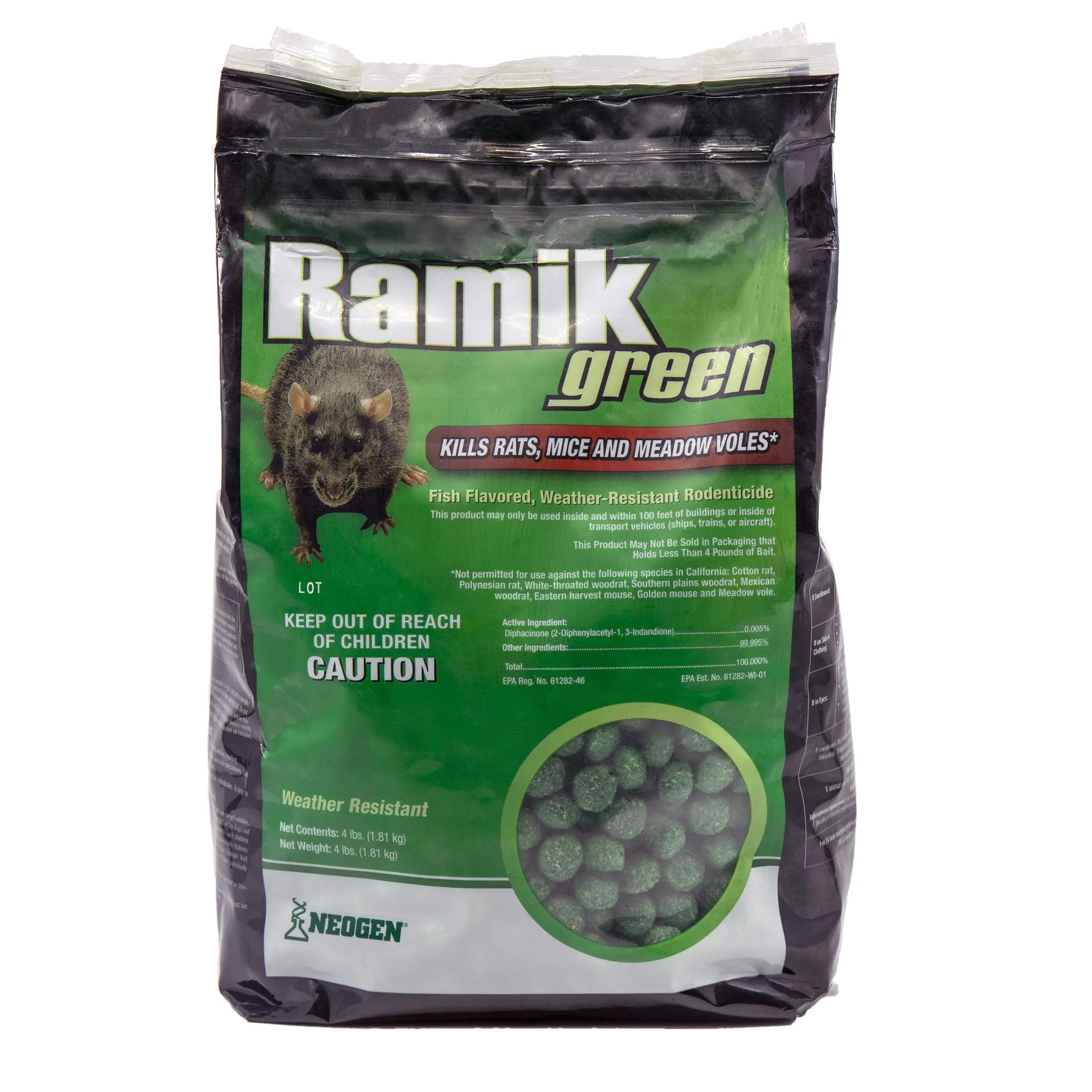 Diphacinone 0.005% Active Ingredient Fish-Flavored Weather-Resistant Rodent Control Nuggets, Grain-Based Attractant Bait for Rats, Mice, Meadow Voles, 4 lb Green Storage Bag for Commercial & Residential Indoor-Outdoor Use