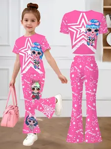 New Girls' Set Spring Summer Cartoon Print Top + High-Waisted Bell Pants, Casual Slim-Fit Asymmetrical Design, Natural Waist, Short Sleeve, Summer Clothing Set