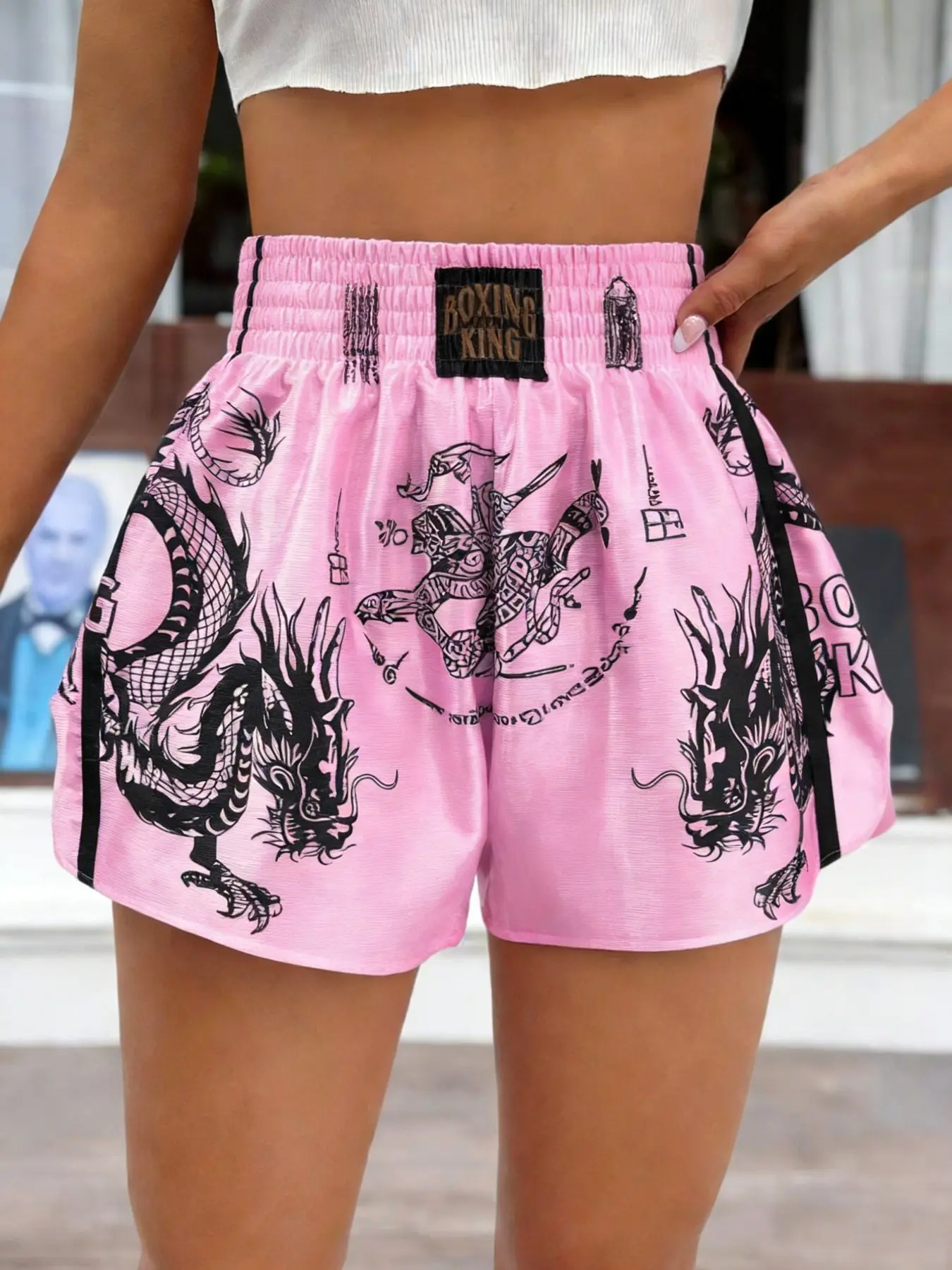 Women's Casual Boxing Shorts in Sakura, Bold Graphic Dragon Print, High Waist for Comfort, Perfect for Daily Wear & Gym, Workout Shorts, Fitness Shorts, Sport Shorts, Casual Athleisure Shorts, Versatile Usage, Streetwear Vibes