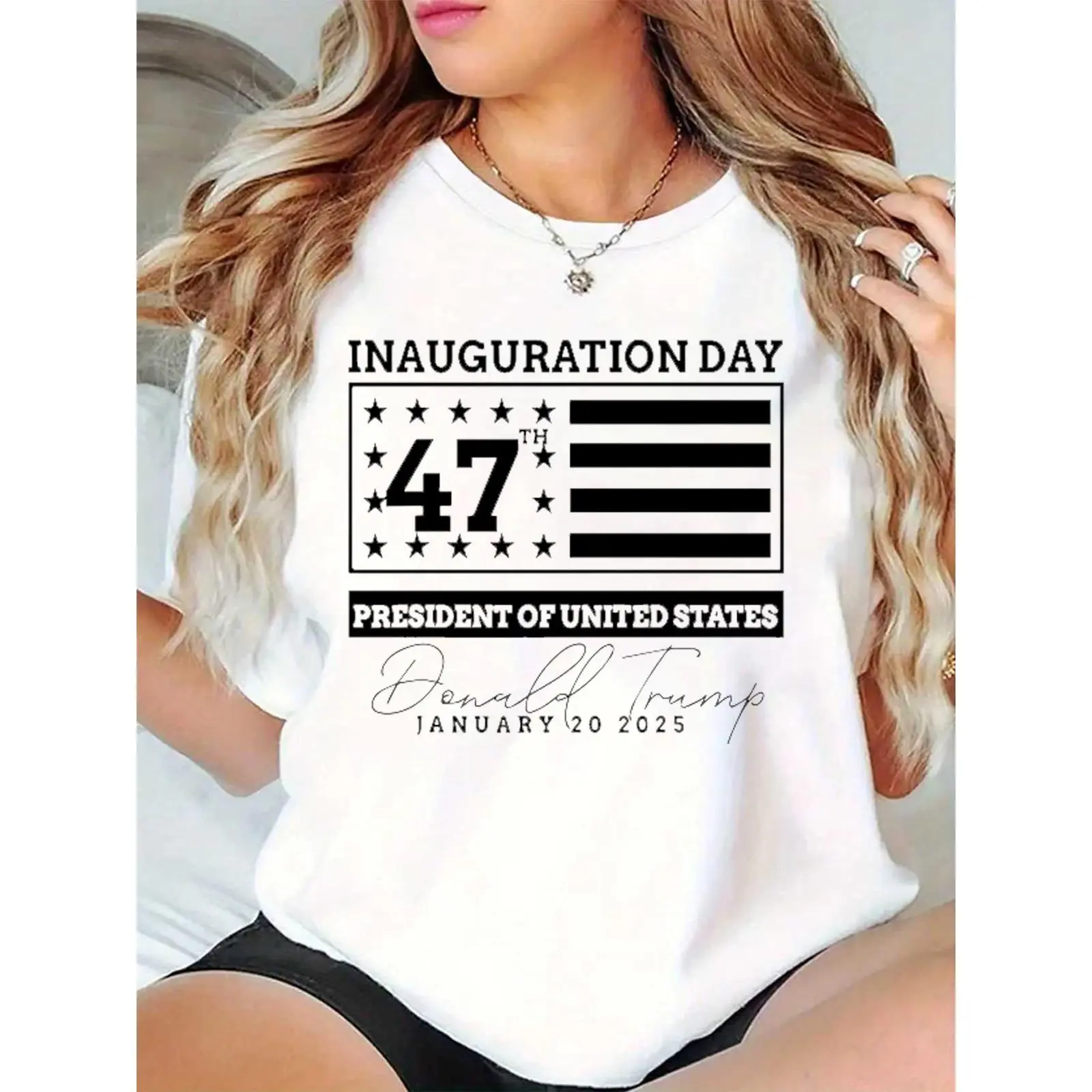 Women's 2025 Inauguration Tshirt - Donald Trump Signature US Flag Prints, 100% Cotton Crew Neck Short Sleeve, Simple Fit Feminine Casual Essential Comfortable Top