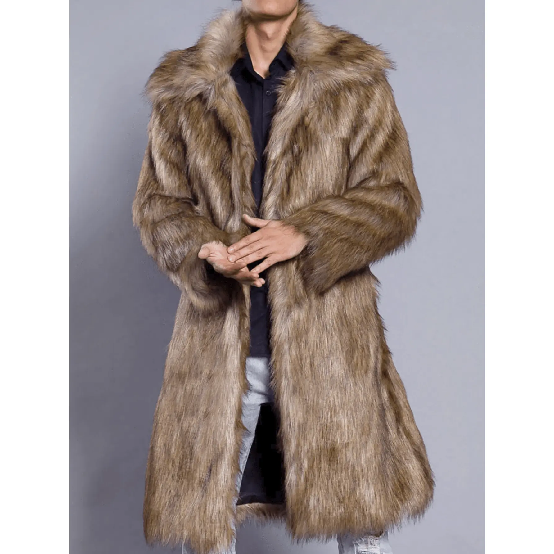 Men's Fluffy Faux Fur Long Coat - Acrylic Fabric, Square Collared Neck, Single-Breasted, Loose Fit, Long Sleeve, Fuzzy Contrast Faux Fur Material Outerwear, Menswear Tops
