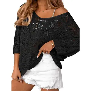 Imily Bela Womens Crochet Cover Up Top Summer 3/4 Sleeve Off Shoulder Sweater Shirts Mesh Boho Beach Swimsuit Coverup