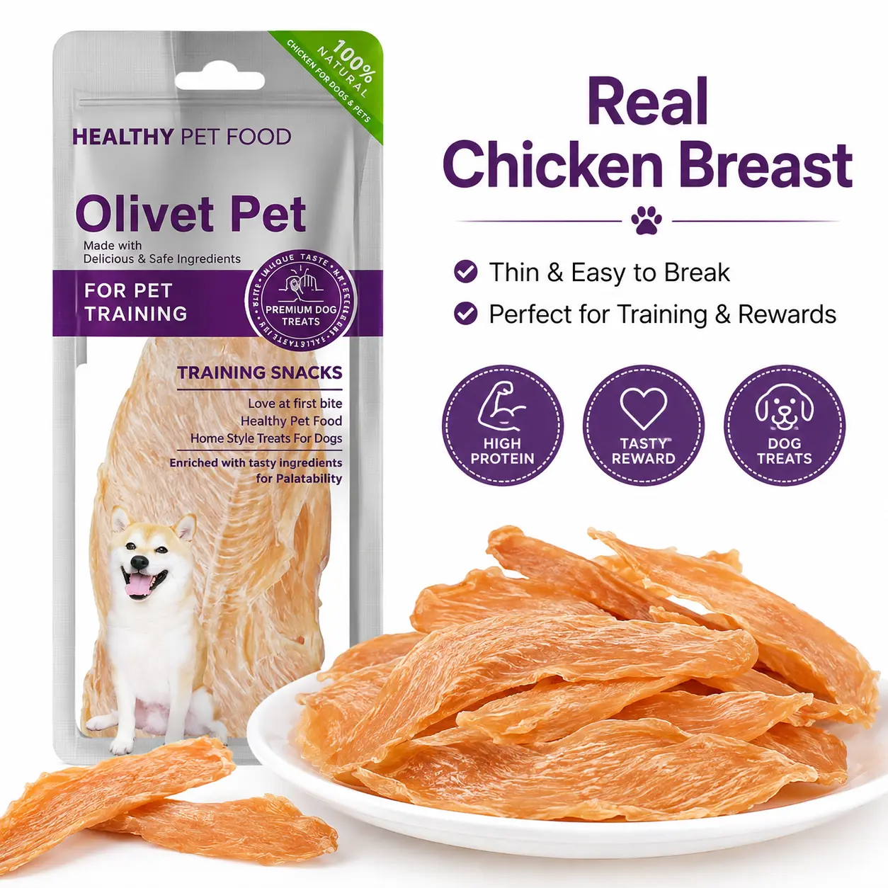 Real Chicken Breast Dog Treats, Thin-Sliced High-Protein Training Snacks, Easy-to-Break Jerky Treats for Dogs, Tasty Rewards for Training, Walking & Daily Treat Time