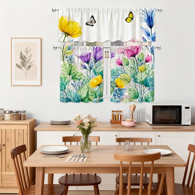 3pcs Kitchen Curtains with Colorful Floral and Butterfly Patterns |   Designed for Rod Pocket Hanging, Modern Art Print, Light-filtering Polyester, Excludes Rod, Available in Multiple Sizes