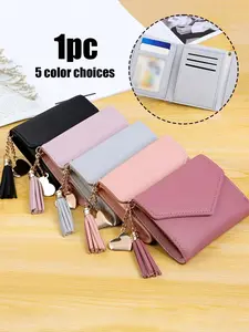 Short trifold wallet, featuring gold stamping and tassels, women's coin purse, large-capacity coin wallet with credit card slots, PU leather casual cardholder - ultra-thin and compact design - durable and stylish - suitable for daily use - ideal gift