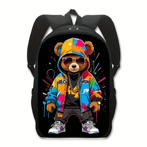 Lightweight Cartoon Bear Backpack Casual School Bags with Zip Closure Adjustable Straps and Vibrant Print Design for Women and Men