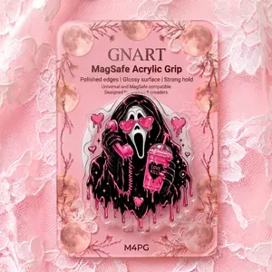Aesthetic Creepy Cute Halloween Ghost MagSafe Phone Grip | Acrylic Pink Coffee Drinking Ghost Slasher Ring Stand | Unique Horror Fan Gift for Her