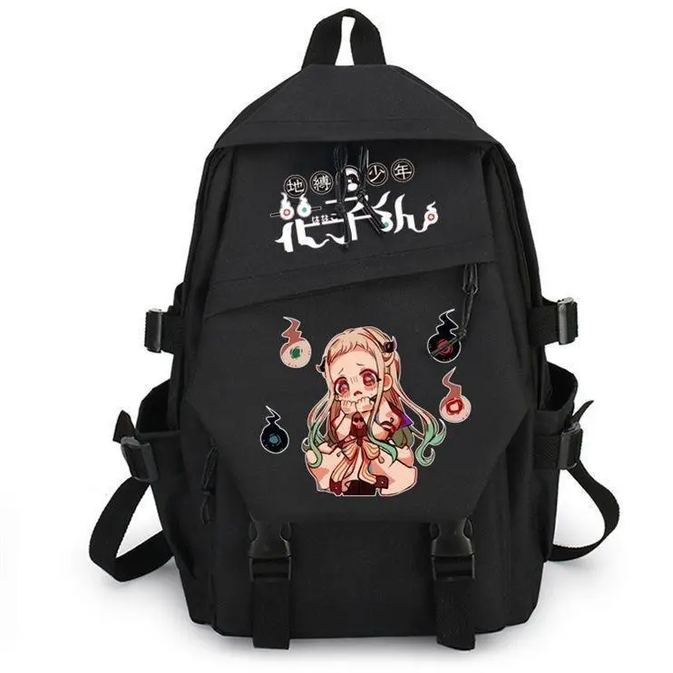 Black Anime Backpack with Stylized Typography & Chibi Character Prints | Multi-Pocket Travel Rucksack with Side Buckle Straps | Casual Canvas Daypack for Daily Commute & Laptop Storage