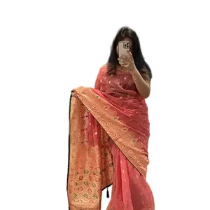 Traditional Banarashi Design hand embroidered sarees Comfort Dress