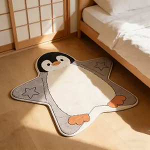Modern Cute Star Penguin Pattern Carpet, Korean Style Trendy Washable Plush Rug, Home Decor for Living Room Bedroom Balcony