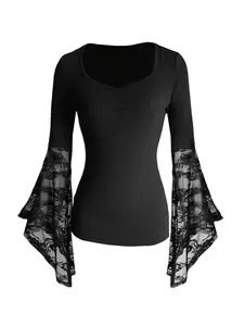 Elegant Lace Patchwork Batwing Sleeve Top, Gothic Vintage Heart Collar Slim Fit Big Sleeves, Versatile Fashion Piece Blouse
