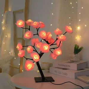 Black base plate of rose-shaped tree-shaped night light, USB table lamp, bedroom lamp, multi-functional festival decorative lamp, Valentine's Day gift, home decoration, decorative item, small branch lamp, simulated tree lamp string of roses