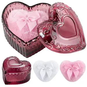 3 Pcs Large Body Powder Puff and Container Set,Valentine's Day Gift Glass Powder Container with 2 Puff,Retro Style Crystal Case Soft Washable Reusable Fluffy Makeup Sponge Wet Dry (Heart,Burgundy)