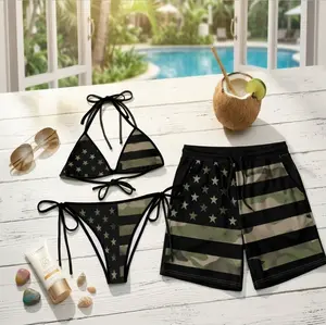 Matching Couple Swimwear Set 2026, Camo Flag Bikini & Hawaiian Beach Shorts
