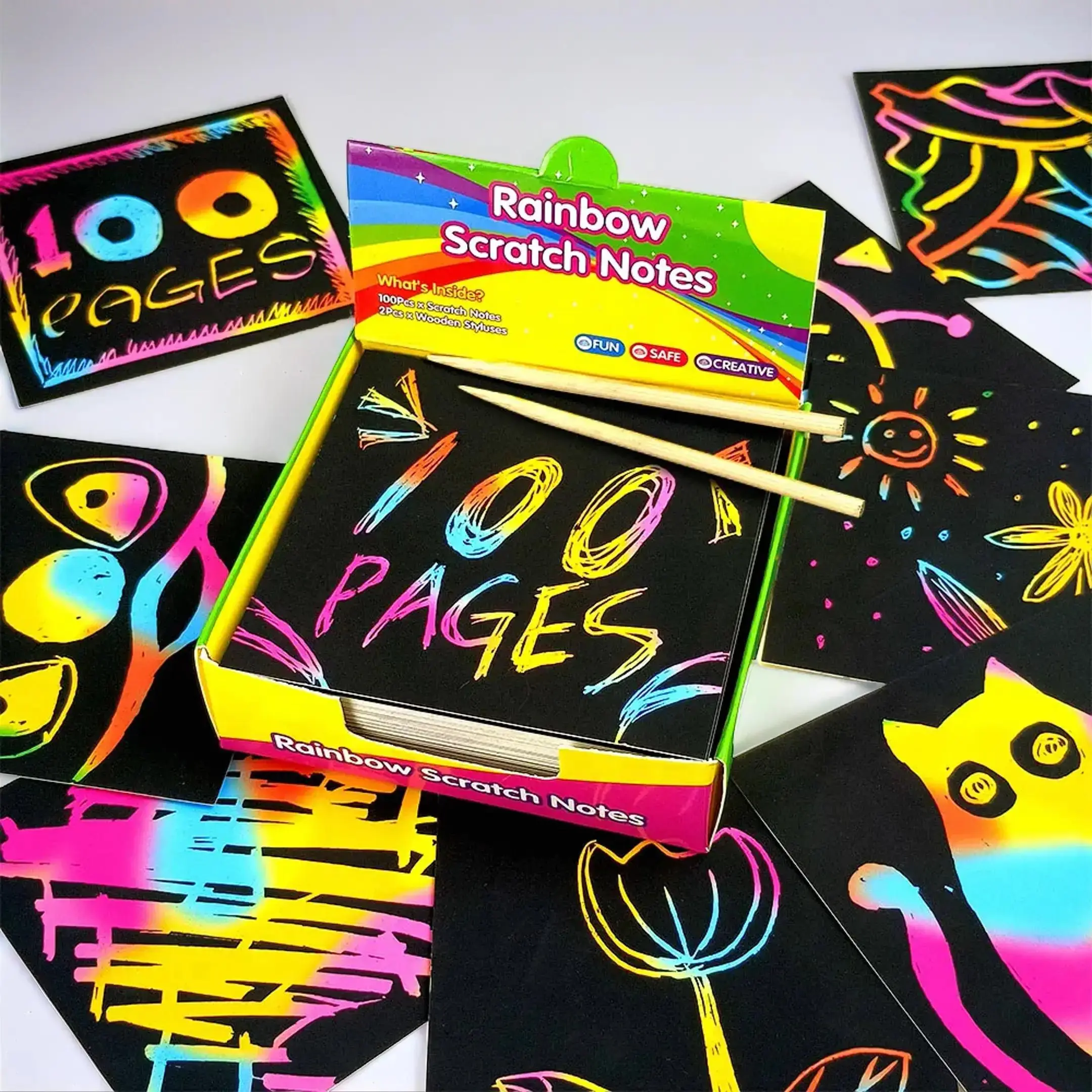 Scratch Card Set, 100pcs Scratch Card with 2 Counts Wooden Pen, Diy Rainbow Magic Scratch Paper Art Set, Creative Diy Scratch Bookmarks, Colorful Marker Set, Doodle Drawing Pen, Art Supplies